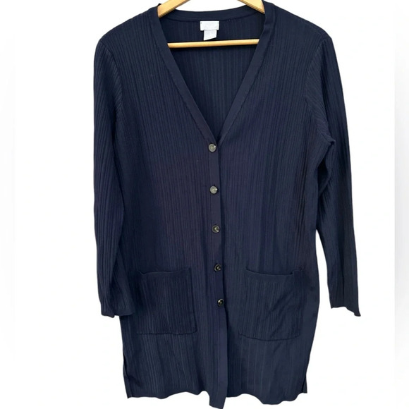 Chico's Ribbed V-Neck Button Cardigan Duster Navy Blue Size 1/ Large - Picture 1 of 5